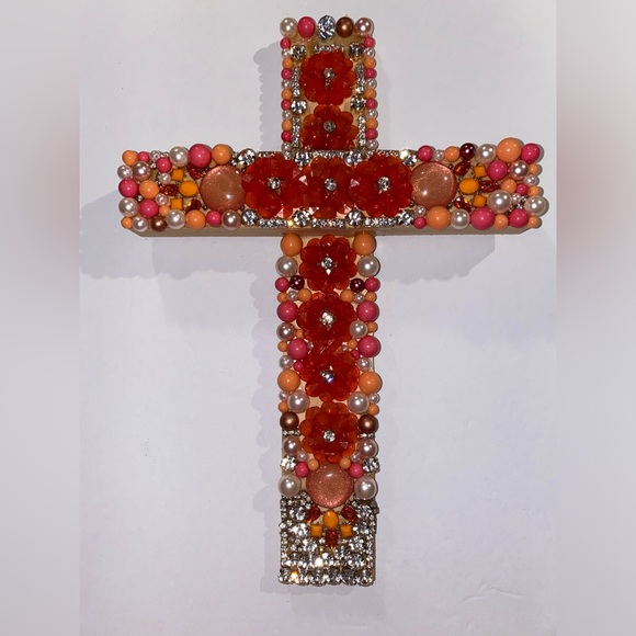 Orange pink cream colors & Rhinestones Wood ✝️ w/ Repurposed Jewelry